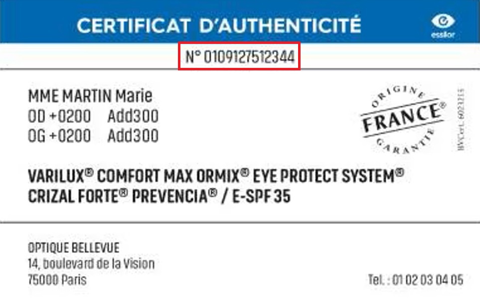 Exemple numéro de garantie verres Essilor